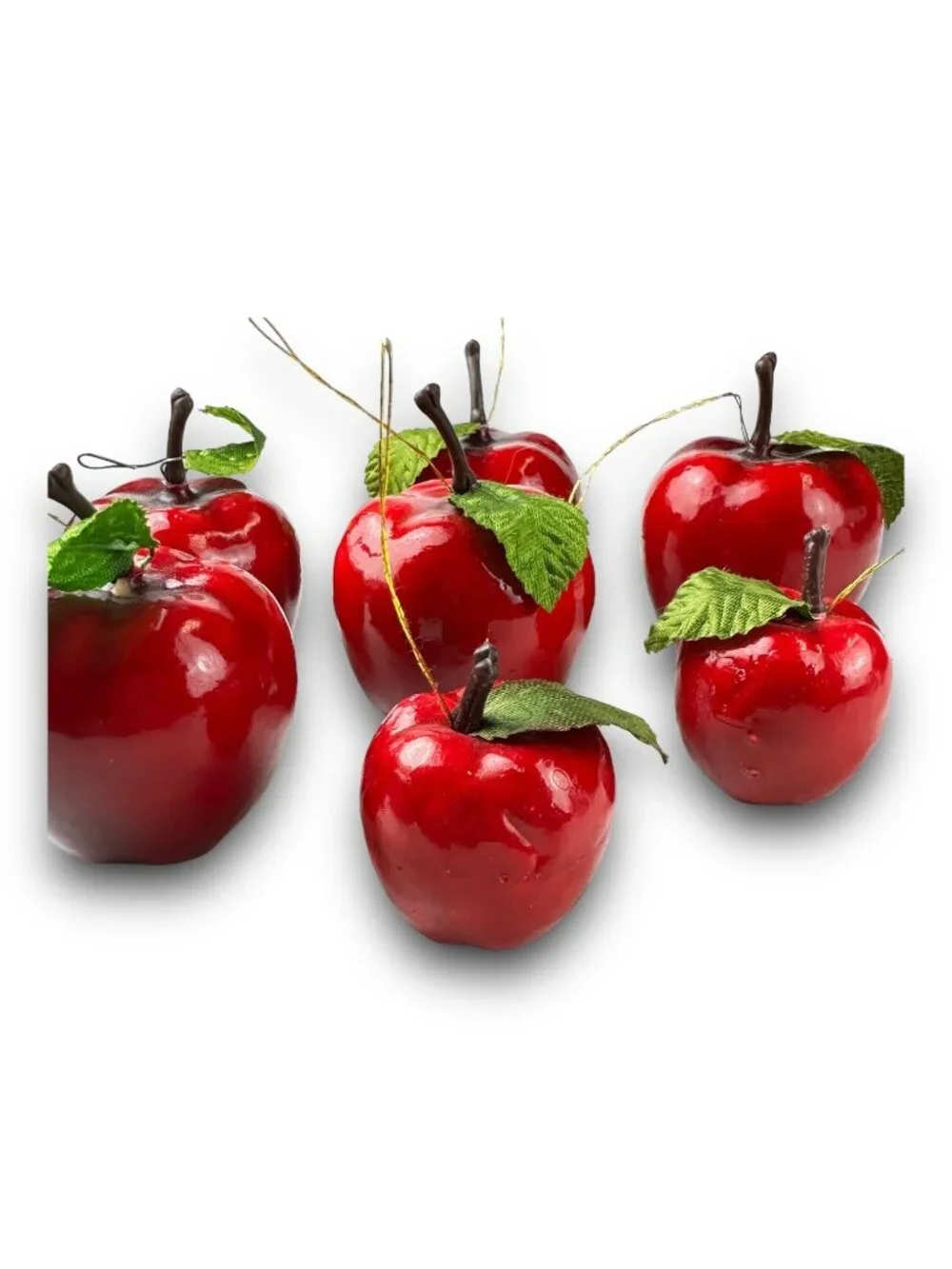 Set Of 7 Faux Red Apple Ornaments With Green Leaves & Stems For Seasonal Decor O